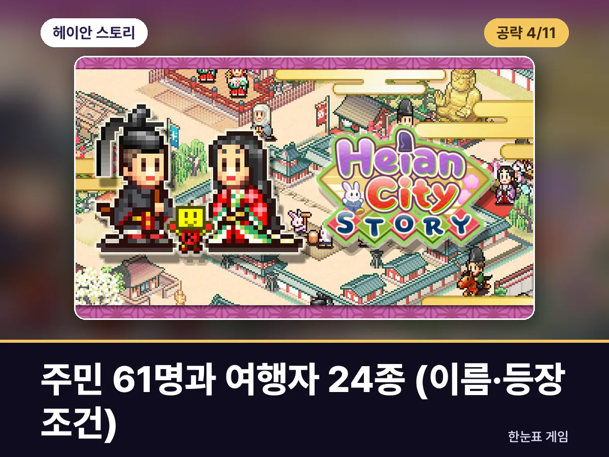 헤이안 스토리 공략 4. 주민 61명과 여행자 24종 (이름·등장 조건) 표지